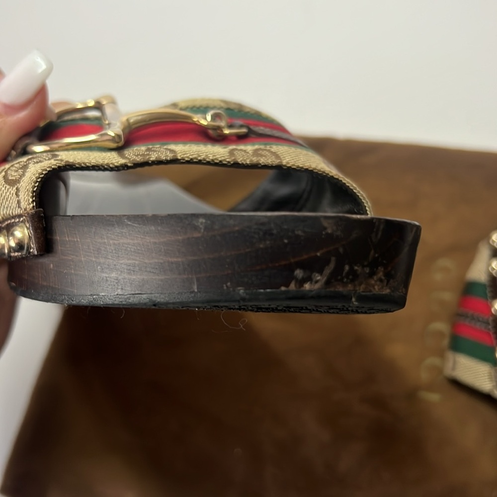 GUCCI Beige/Ebony GG Canvas Signature Web Icon Bit Wood Slide Clog Sandals - Picture 8 of 10